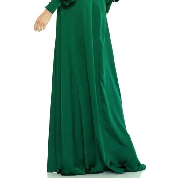 Mac Duggal Deep Emerald Green Split Long Sleeve Faux Wrap Satin Gown - Picture 4 of 4